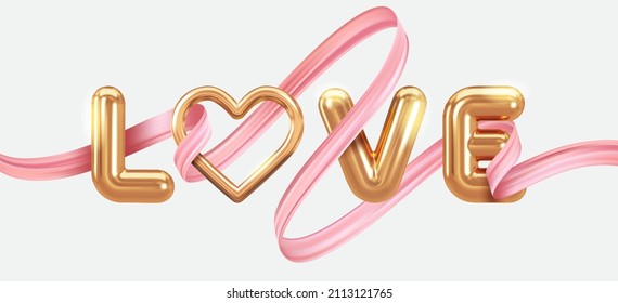 Love Letters with golden 3d heart and pink elegant ribbon. Vector illustration. 