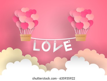 Love Letters Hanging With Heart Balloons In Colorful Pink Above The Cloud, Paper Cut Illustration Design