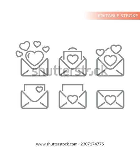 Love letters and heart line vector icon set. Dating and romance envelope letter hearts, open and closed, valentine card outline icons.