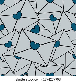 Liebesbriefe. Herz. Nahtloses Vektormuster. Ein Haufen Nachrichten mit einer Herzstempel. Endlose Verzierung auf isoliertem Hintergrund. Valentinstag. Briefkorrespondenz mit Liebe. 