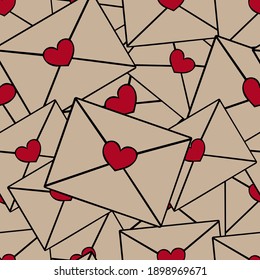 Love letters. Heart. Seamless vector pattern. A bunch of messages in an envelope with a stamp in the form of a heart. Endless ornament on an isolated background. Valentine day. Mail correspondence.
