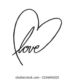 Love letters in a heart shape, simple outline hand drawn decoration. Sweet logo symbol hand made illustration. Creative font pen drawing. Romantic word made with brush.