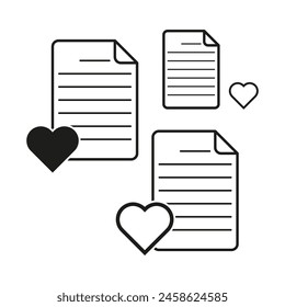 Love letters and hearts icon set. Romantic document symbols in black and white. Simple vector illustration of affectionate notes.