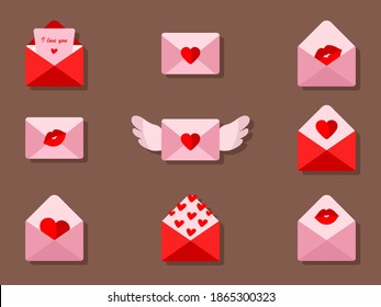 Love letters icon design. Set of post envelopes for Valentine's Day. Flat icons with hearts and kisses.