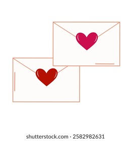 Love letters illustration. White envelope with red and pink heart stamps for Valentine's Day.