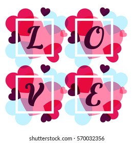 Love letters logo in square frame on pink/violet/blue watercolor hearts background. Happy Valentines Day, wedding design elements. Valentine's Day banner, poster, card, background idea.