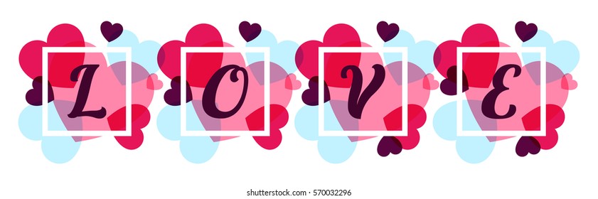 Love letters logo in white square frame on pink/violet/blue watercolor hearts background. Happy Valentines Day, wedding design elements. Valentine's Day banner, poster, card, background idea.