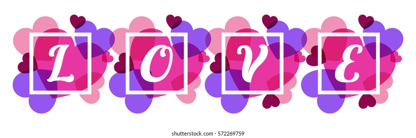 Love letters logo in white square frame on pink/violet watercolor hearts background. Happy Valentines Day design elements. Valentine's Day banner, poster, card, background idea.
