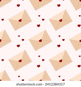 Love letters seamless pattern. Beige envelopes with red hearts. Best for textile, wallpapers, wrapping paper, package and St. Valentine's Day decoration.