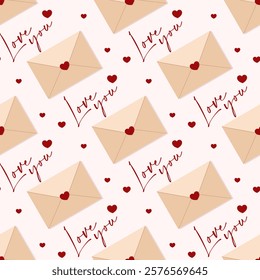 Love letters seamless pattern. Beige envelopes with red hearts and lettering. Best for textile, wallpapers, wrapping paper, package and St. Valentine's Day decoration.