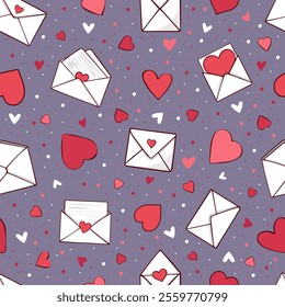 Love letters seamless pattern. Cute envelope with love letters and hearts background for wrapping paper, textile, scrapbook. doodle heart letter illustration for Valentine's day.