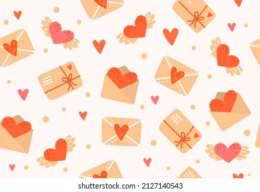 Love letters seamless pattern. Envelopes with hearts, charity or love correspondence. Repeating image for printing on gift paper. Valentines day or 8th of March. Cartoon flat vector illustration