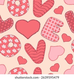 Love letters seamless pattern. Pink hearts shapes, stitched patches, textile isolated letters, daisies, cell and waves. Wrapping paper, wallpaper. Print for fabric. Splendid vector background