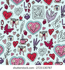 Cartas de amor. Padrão perfeito para o Dia dos Namorados. Fundo de vetor com símbolos de amantes. Corações, mensagens, correspondência.