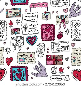 Liebesbriefe. Nahtloses Muster für den Valentinstag. Vektorhintergrund mit Liebeszeichen. Herzen, Nachrichten, Korrespondenz.