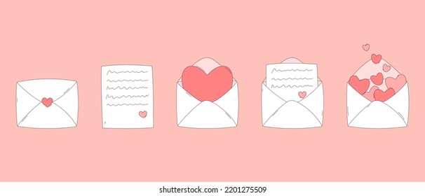 Love letters set for Valentine's day decoration. White envelope with pink heart. Happy Valentine's day. Flat isolated vector.