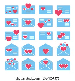 Love letters symbols. Vector flat icon set. Valentine’s day mail. Open & closed envelopes with hearts. Isolated objects on white background