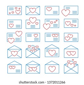 Love letters symbols. Vector line icon set. Valentine’s day mail. Open & closed envelopes with hearts. Isolated objects on white background.