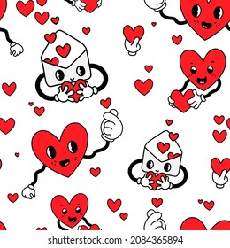 Love letters Valentine's day seamless pattern and heart   envelope hand drawn graphic  30th retro style vector design for February 14th gift wrapping  fabric poster one directional background 