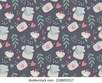 Love letters vector seamless pattern. Hand drawn romantic background with envelopes, Valentines day mail