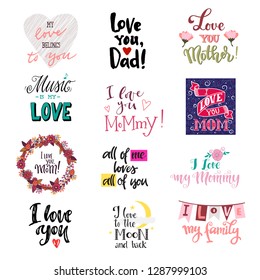 Liebes Zeichnen von Vektorkalligrafie liebenswertes Zeichen für Mama Papa iloveyou am Valentinstag geliebte Karte Illustrationssatz familiäre liebenswerte Deko-Typografie einzeln auf weißem Hintergrund