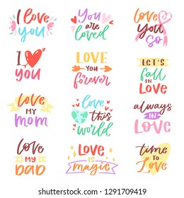 Love lettring vector lovely calligraphy lovable friendship sign to mom dad friend iloveyou on Valentines day beloved card illustration set of family love decor typography isolated on white background