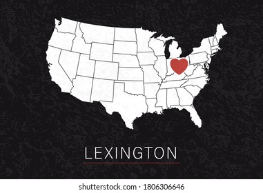 Love Lexington Picture. Map of United States with Heart as City Point. Vector Stock Illustration