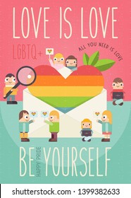 Love is Love - LGBT Community Poster Design in Retro Style. LGBTQ Group of Cartoon Cute People near Huge Rainbow Heart in Envelope. Human Rights. Vector Illustration. Card for Love Parade.