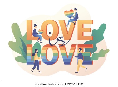 Liebe ist Liebe. LGBT-Bewegungskonzept Kleine Leute mit Regenbogenfarben Fahne und Herzen. Liebesparade. Moderner, flacher Cartoon-Stil. Vektorgrafik auf weißem Hintergrund