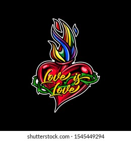 "Love is love" - LGBT poster design. Colorful vector illustration of rainbow flaming heart with crown of thorns in engraving technique. Good for stickers, t-shirt prints, banners, greeting cards. 