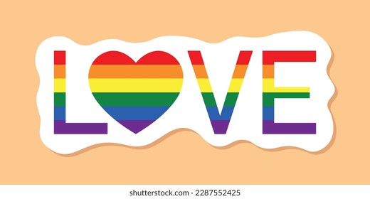 AMOR en los colores de la bandera del Orgullo LGBT, comunidad gay, mes del orgullo, arcoiris LGBTQ, texto con corazón, pegatina vector