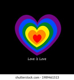 Love is Love LGBT Pride Rainbow  Colors Heart Isolated on Black Background