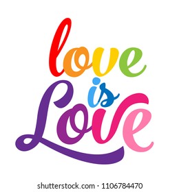 Love is love - LGBT pride slogan against homosexual discrimination. Modern calligraphy with rainbow colored characters. Good for scrap booking, posters, textiles, gifts, pride sets.