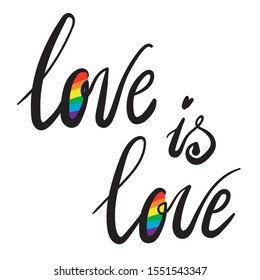 Love is love - LGBT pride slogan against homosexual discrimination. Hand drawn vector modern calligraphy. World aids day. Happy pride day. Pride Month.