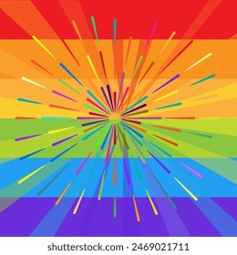 El amor es amor. Fondo de estilo LGBT con rayos. Ilustración vectorial en color arco iris para pegatina, tarjeta de felicitación, póster, parche, camiseta, pin.