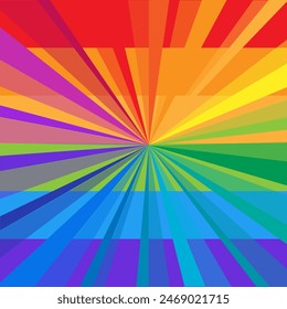 Liebe ist Liebe. LGBT-Stil Hintergrund mit Strahlen. Vektorillustration in Regenbogenfarbe für Aufkleber, Grußkarte, Poster, Patch, T-Shirt, Pin.
