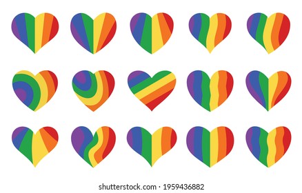 Love lgbt symbol icon set. Rainbow symetric hearts. Romantic gay abstract different shapes collection. Decorative element for invitation card. Isolated on white vector illustration in a flat style.