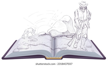 Love of life illustration open book jack london. Hungry wolf go emaciated man. Vector cartoon illustration education