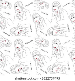 
I Love Life seamless pattern: A minimalist woman with bold red accents radiates joy. Perfect for fabrics, wallpaper, apparel, notebooks, and uplifting designs! Vector
