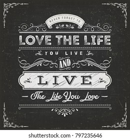 Love The Life You Live Quote Illustration of a vintage chalkboard textured background with inspiring and motivating philosophy quote, floral patterns and hand-drawned corners