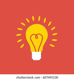 love light bulb vector illustration icon on flat design style red background. i love you symbol. you light up my life with a heart in a yellow lamp for valentines day. simple imagination & inspiration