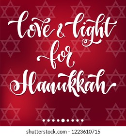 Love and light for Hahukkah. Happy hanukkah hand drawn lettering, dreidels and jewish stars. Elements for invitations, posters, greeting cards. T-shirt design. Seasons Greetings.