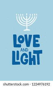 love and Light hand drawn lettering typography. Jewish holiday Hanukkah. Template for banner, greeting card, invitation, flyer, poster. Vector illustration