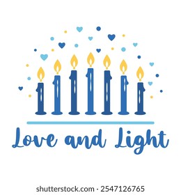 Amor y Luz para Janucá con velas y corazones. Cita tradicional judía de vacaciones. Diseño de Janucá. Ilustración vectorial para el Anuncio, tarjeta de felicitación, impresión, cartel, volante