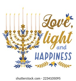 Love light and happiness vector Hanukkah print. Jewish holidays illustration