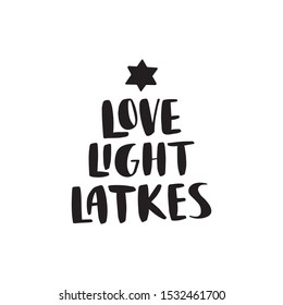 Love light latkes hand drawn black vector lettering. Hanukkah holiday saying isolated on white background. Chanukah phrase with Jewish star of David. Hanuka festive greeting card design element