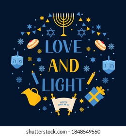 Love and Light lettering with traditional Jewish symbols: dreidel, Menorah candle, jar, etc . Hanukkah typography poster. Vector template for greeting card, banner,  invitation, flyer, etc.