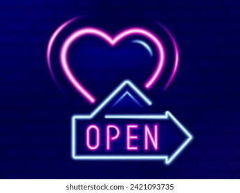 Love light line neon with hanging open sign and directions to hotel, bar and dinners restaurant. Designed for poster, promotion, brochure, flyer. Vector illustration