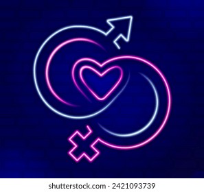 love light line neon with two genders bonded with each other for placed in bars, hotels, restaurant on Valentine Day. Designed for poster, promotion, brochure, flyer. Vector illustration