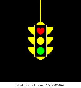 Love Light - Vector Creative Template. Heart Icon. Stop Love Red Road Sign. Yellow Traffic Light On Black Background For Valentines Day. Simple Vector Element Illustration In A Modern Style.